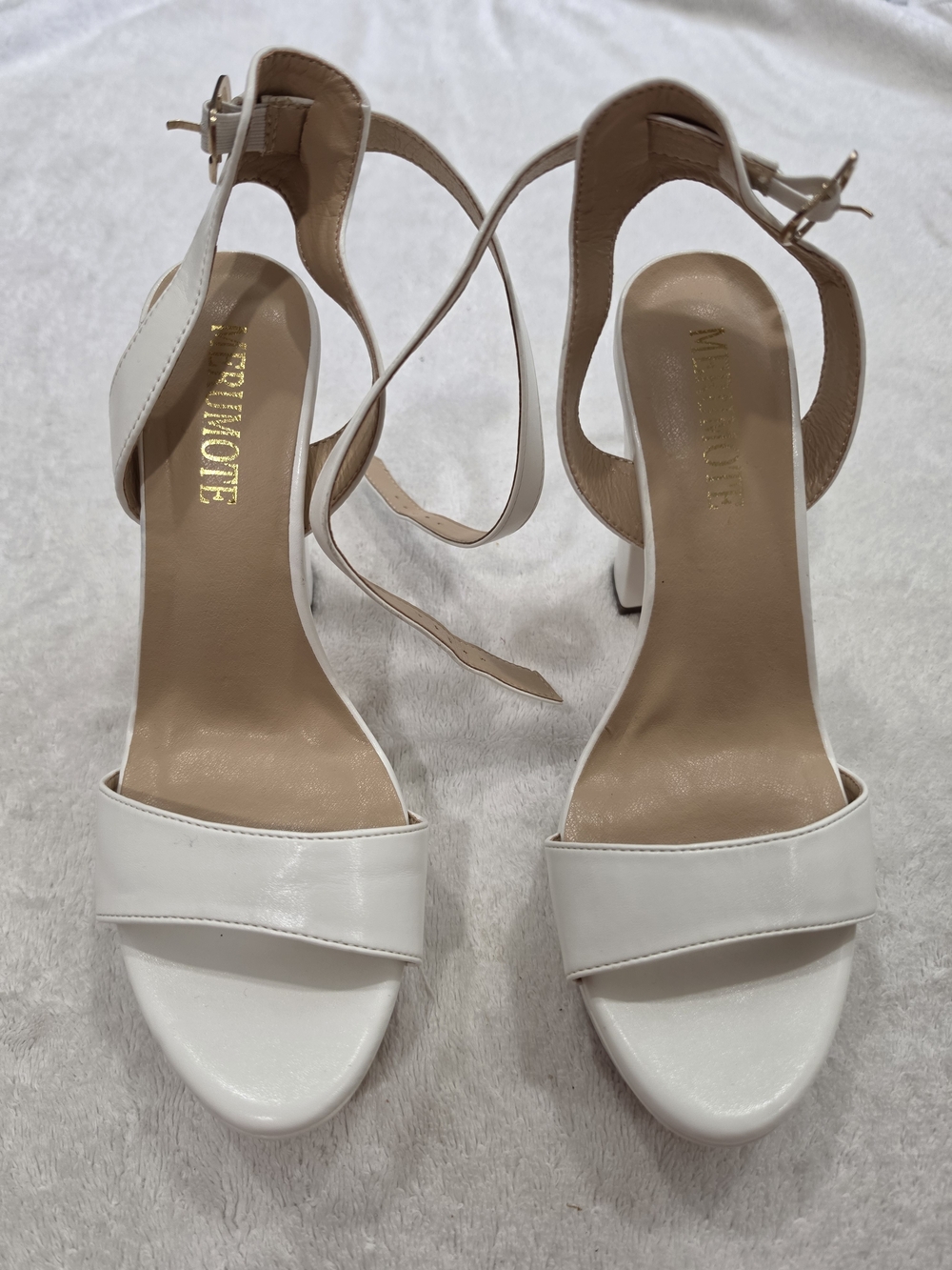 White Ankle-Strap Block Heel Sandals by MERRIMOTE